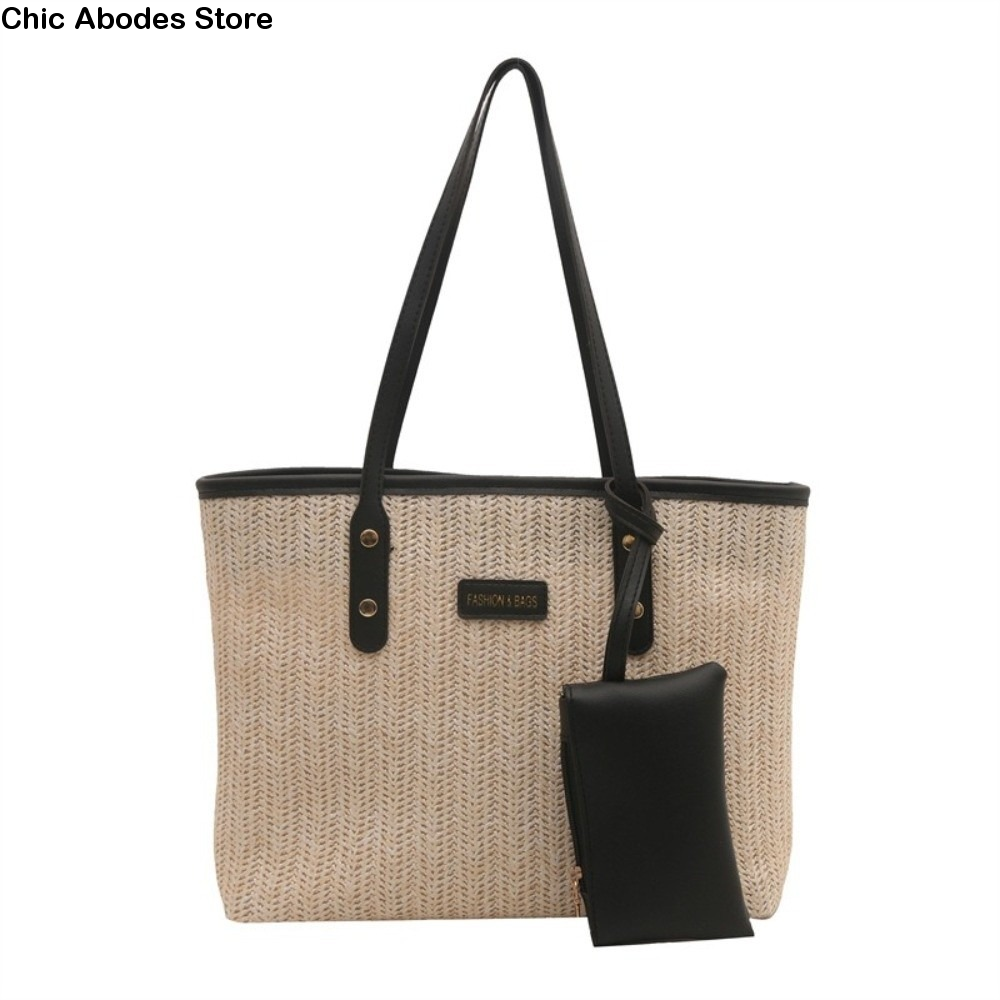 Tote Bag Beach - Casual Solid Color Weave Tote Bag