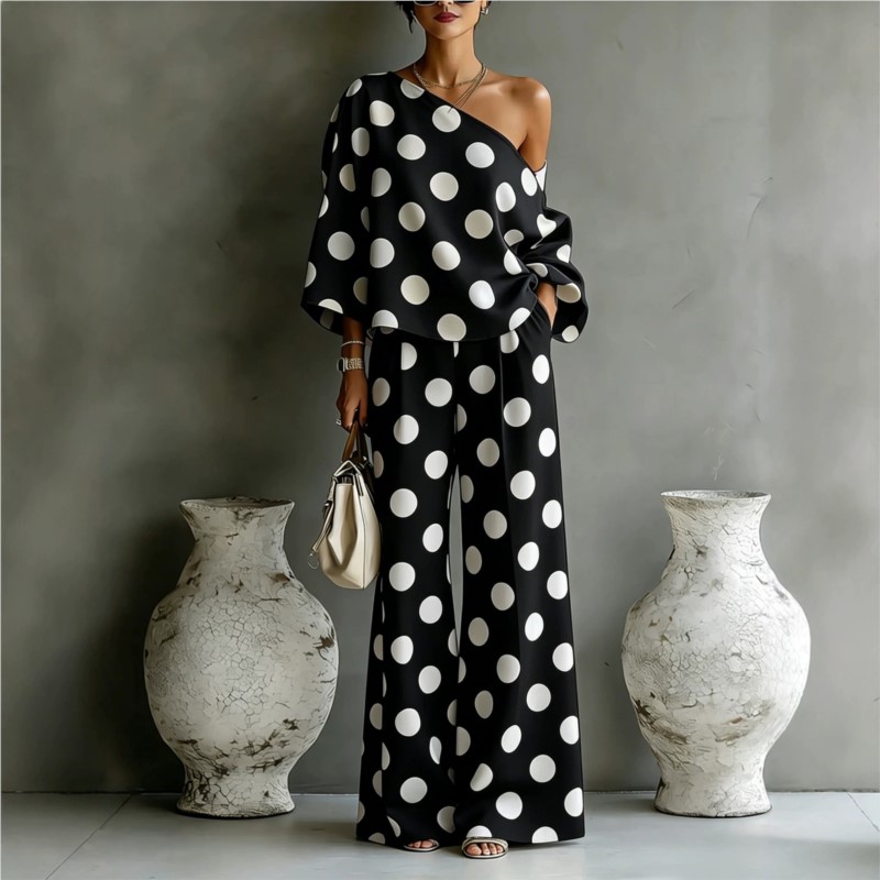 Women's Polka Dot 2 Piece Outf - Blouse Off Shoulder avis et prix