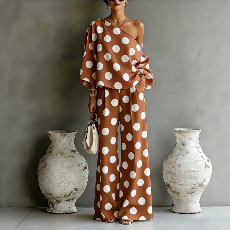 Women's Polka Dot 2 Piece Outf - Blouse Off Shoulder avis et prix