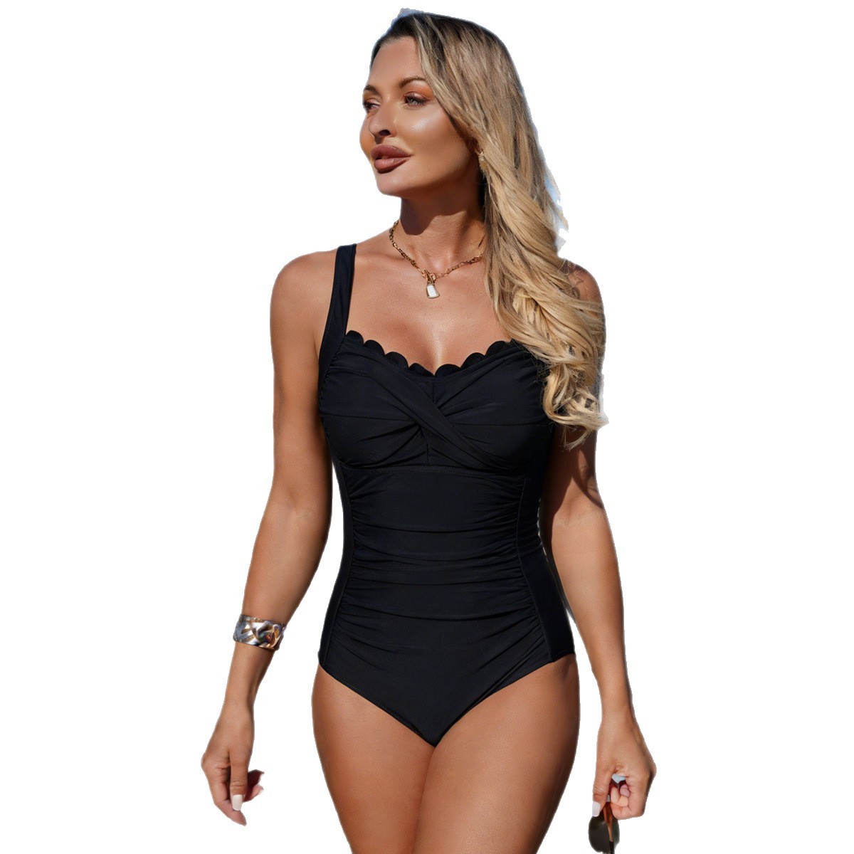 Black Swimsuit Scalloped Neckl - Swimsuit Bikini Ruched avis et prix