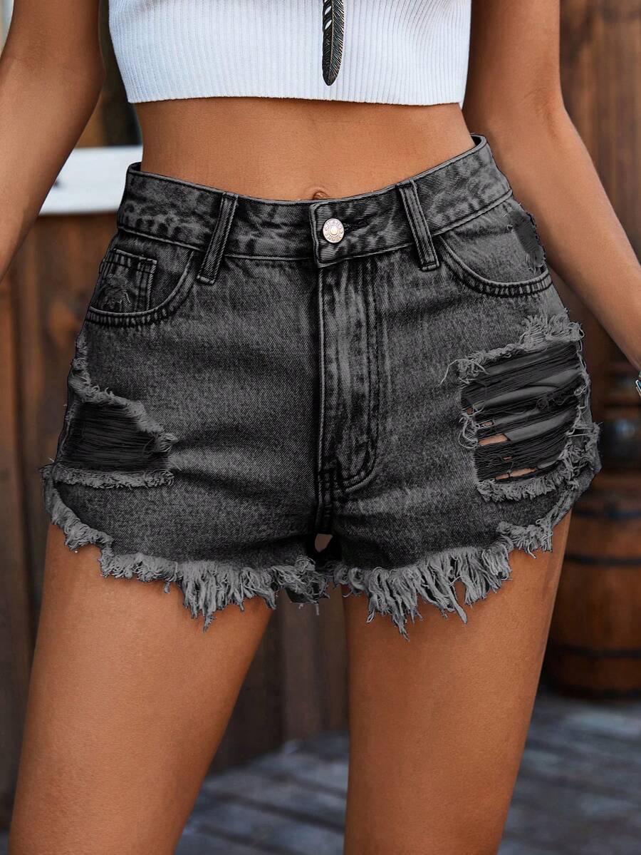 Ripped Denim Shorts High Waist - Shorts Denim Frayed avis et prix