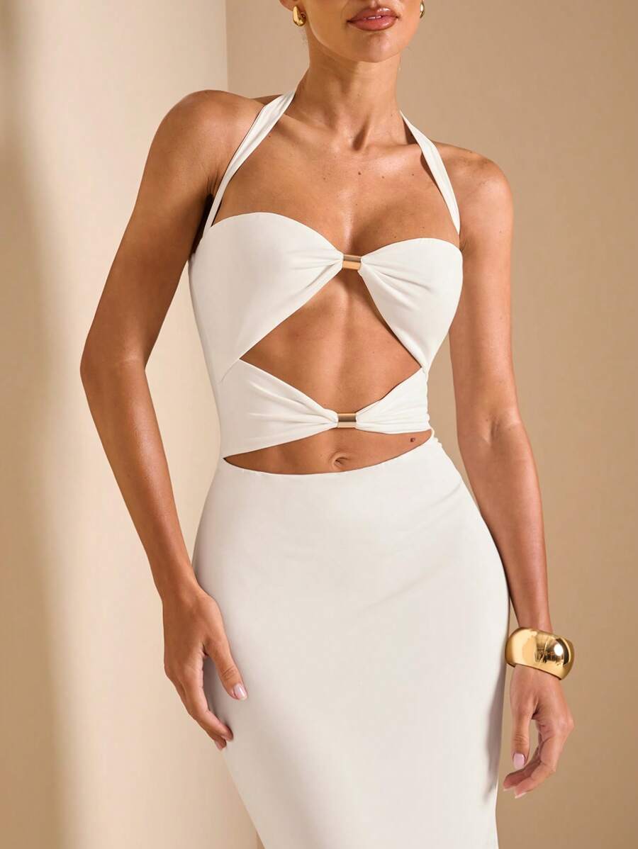 White Cut Out Halter Neck Fitt - Maxi Dress Halter avis et prix