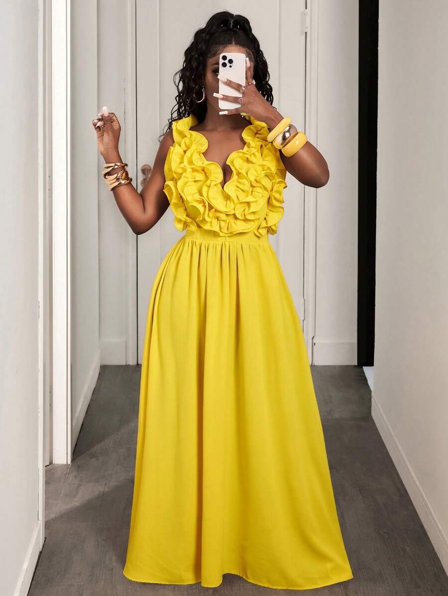 Yellow Deep V-Neck Ruffle Halt - Maxi Dress Halter avis et prix