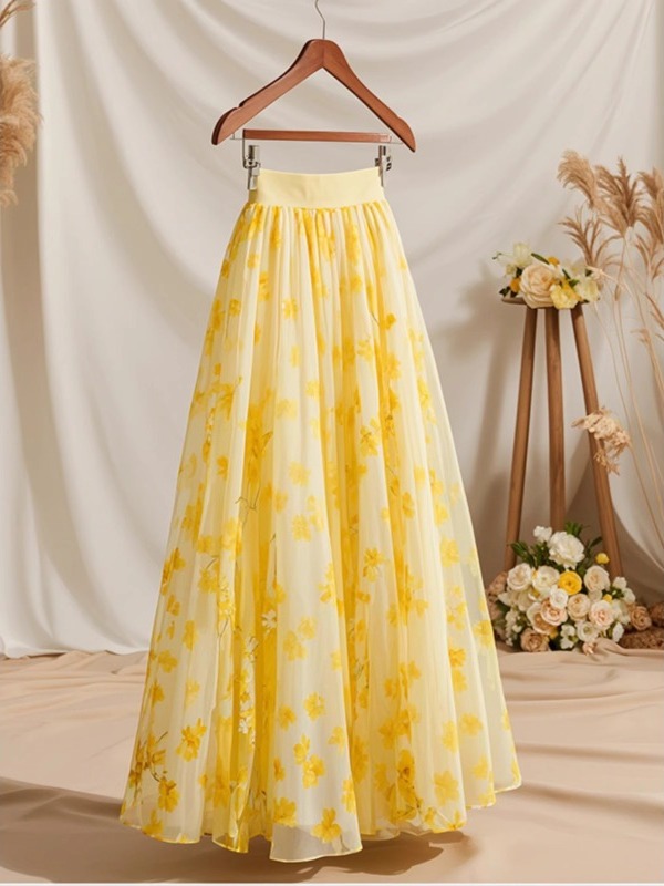 Summer 2026 High Waist Yellow  - Midi Skirt Floral avis et prix
