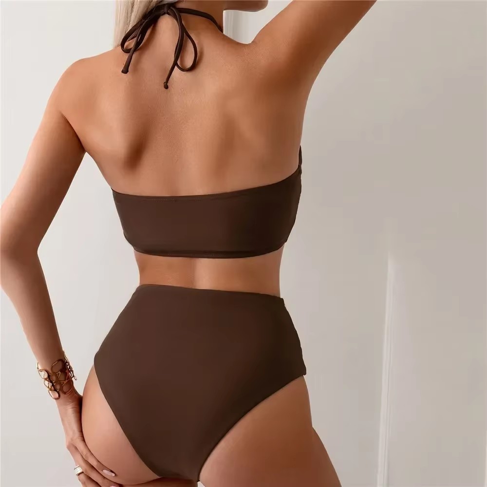 Dark Brown Solid Swimwears Hal - Swimsuit Bikini Ruched avis et prix