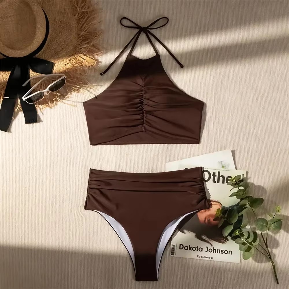 Dark Brown Solid Swimwears Hal - Swimsuit Bikini Ruched avis et prix