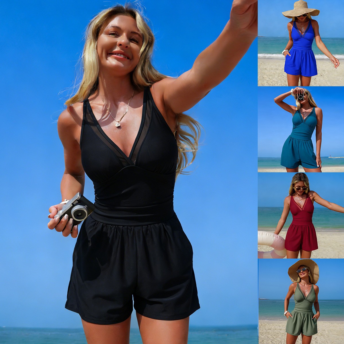 Black Solid Color Sleeveless V - Swimsuit Bikini Ruched avis et prix