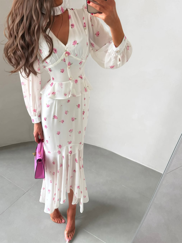 Women White Pink Floral Choker - Midi Skirt Floral avis et prix