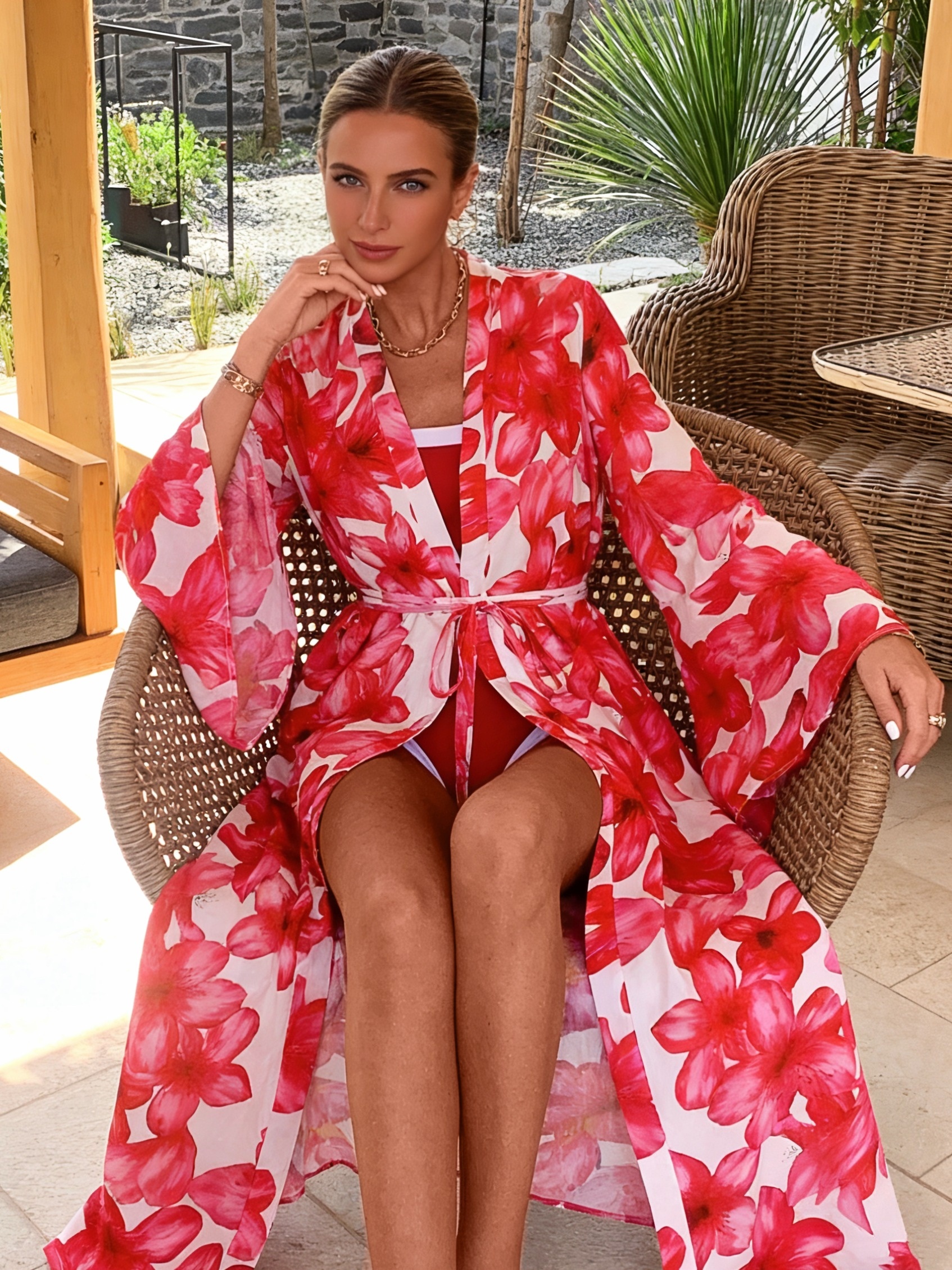 Women's Red Floral Kimono Robe - Kimono Sheer Floral avis et prix