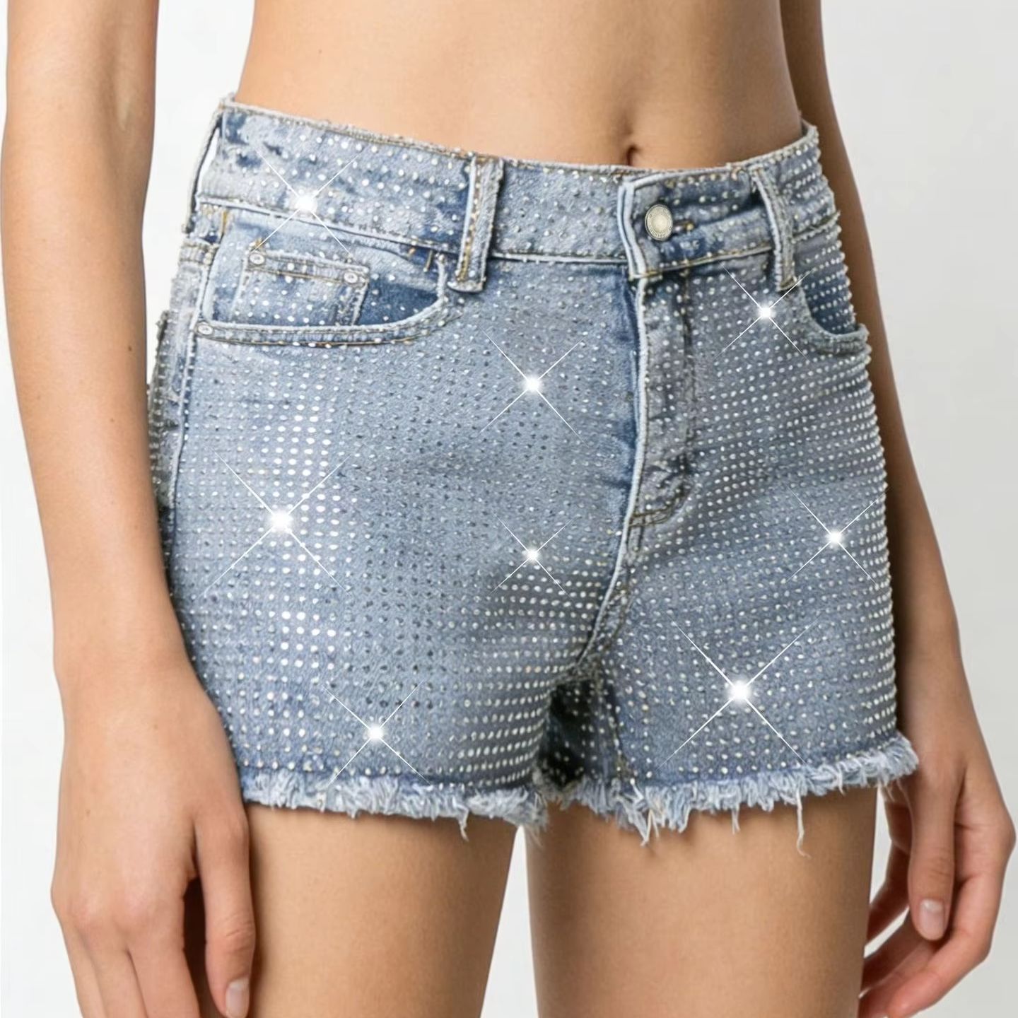 2026 New Full-Bejeweled Elasti - Shorts Denim Frayed avis et prix
