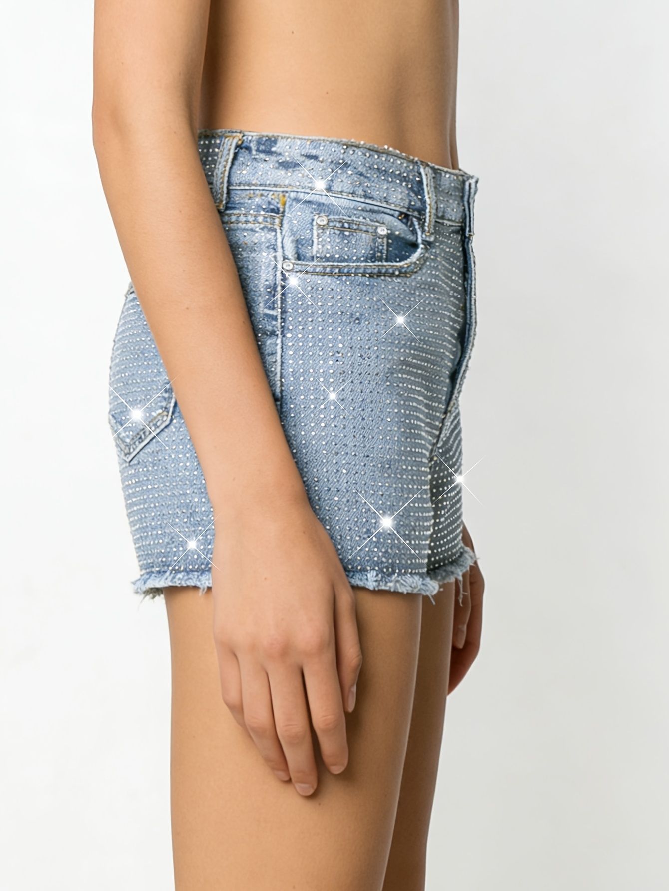2026 New Full-Bejeweled Elasti - Shorts Denim Frayed avis et prix