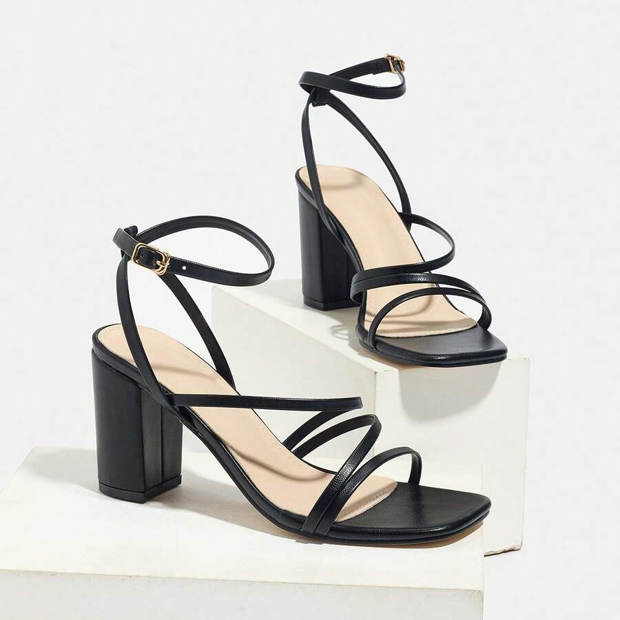 Black Strappy Square Toe Block - Sandal Strappy Heeled avis et prix