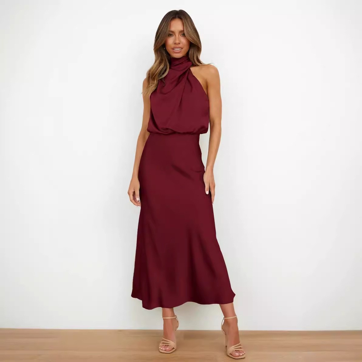 Satin Dress Sleeveless Halter  - Maxi Dress Halter avis et prix