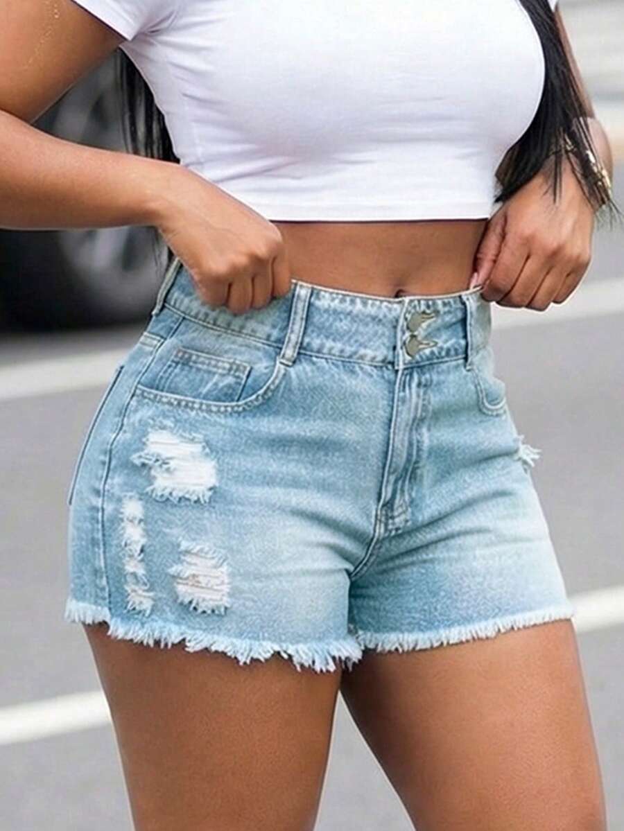Women High Waist Denim Shorts  - Shorts Denim Frayed avis et prix