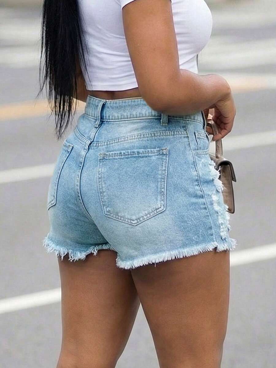 Women High Waist Denim Shorts  - Shorts Denim Frayed avis et prix