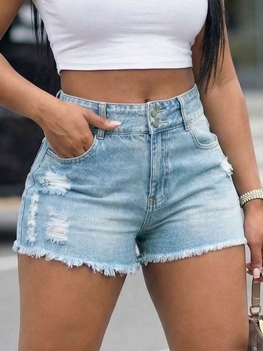 Women High Waist Denim Shorts  - Shorts Denim Frayed avis et prix