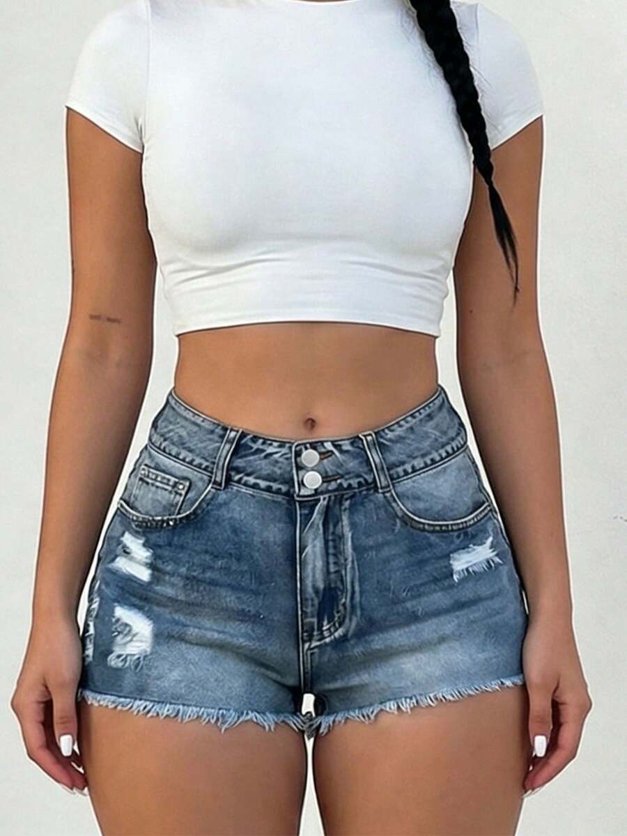 Mid-Rise Womens Denim Shorts W - Shorts Denim Frayed avis et prix