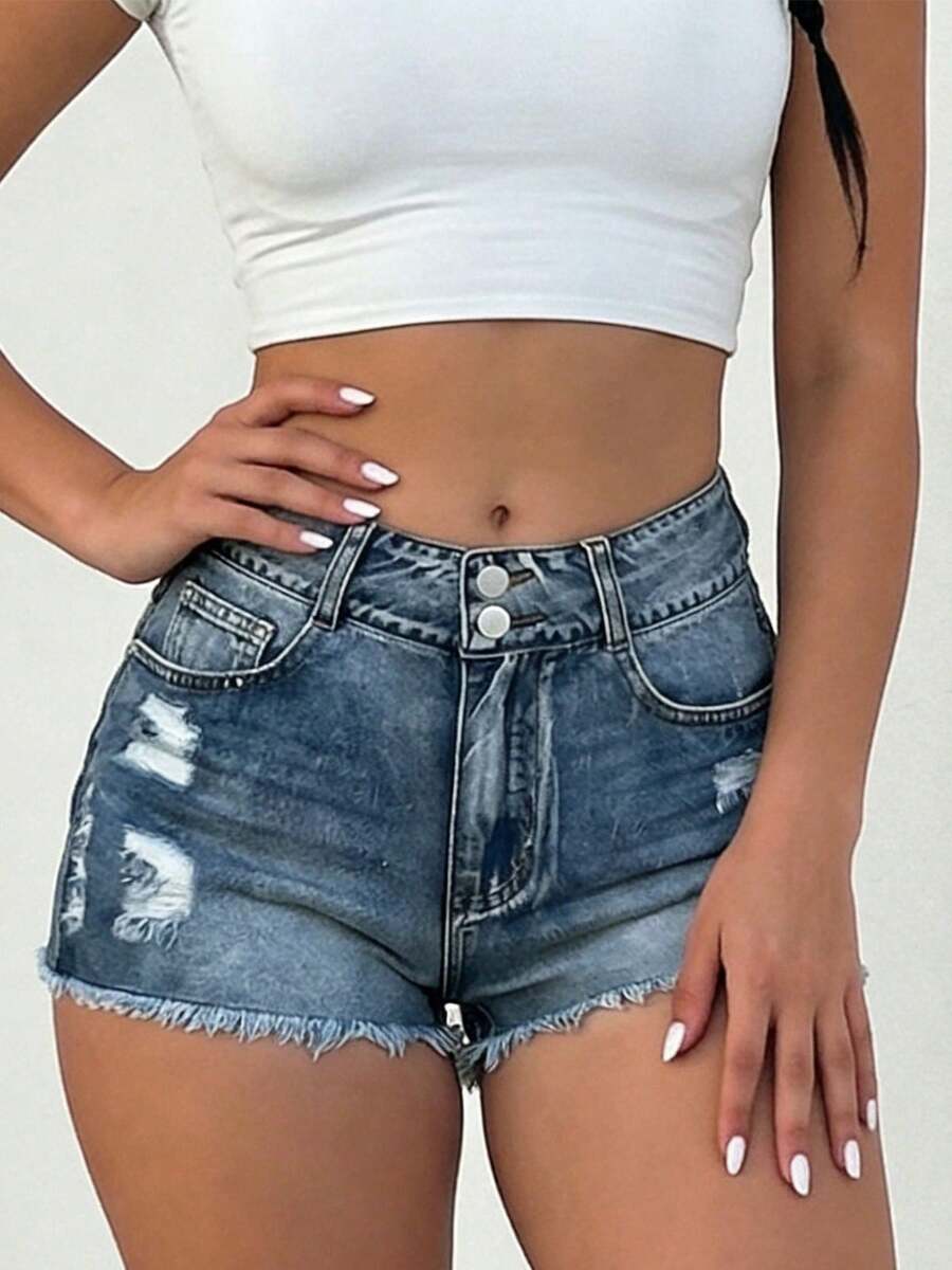 Mid-Rise Womens Denim Shorts W - Shorts Denim Frayed avis et prix