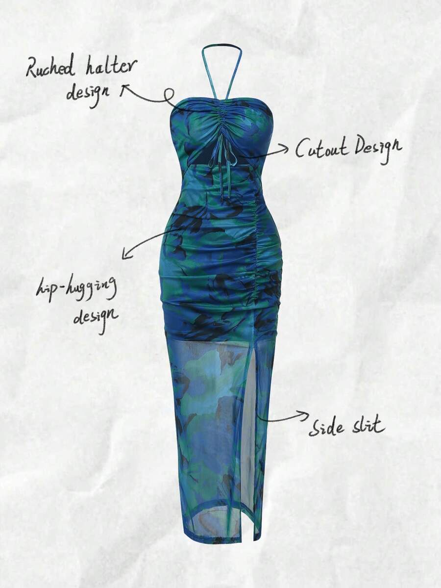 Halter Neck Pleated Mesh Print - Maxi Dress Halter avis et prix
